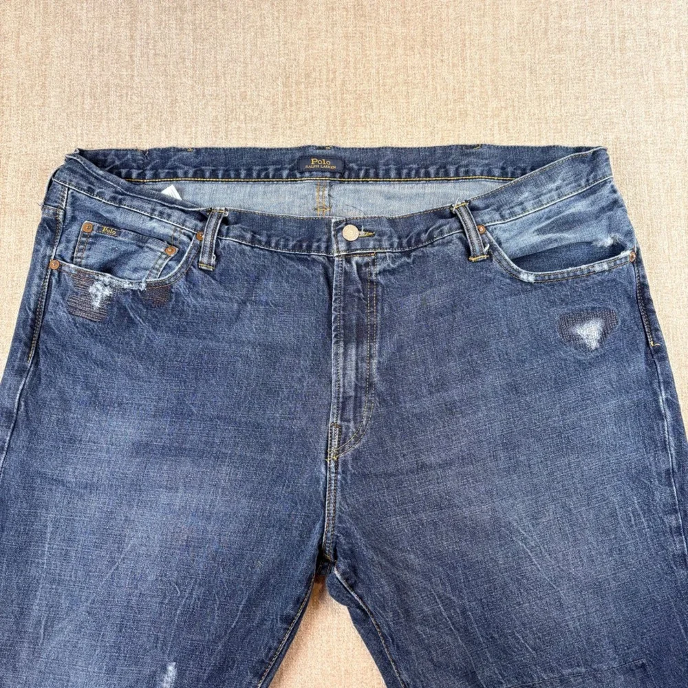 Polo Ralph Lauren Mens Hampton Relaxed Straigh Distressed Blue Jeans 44x30